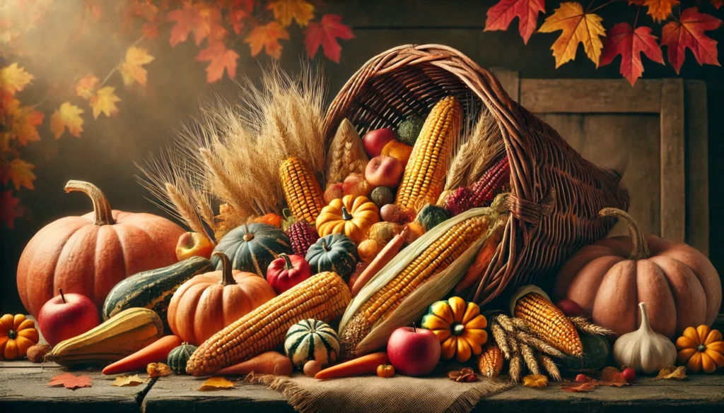 A Lammas or Lughnasadh cornucopia with fall fruits and corn and wheat. 